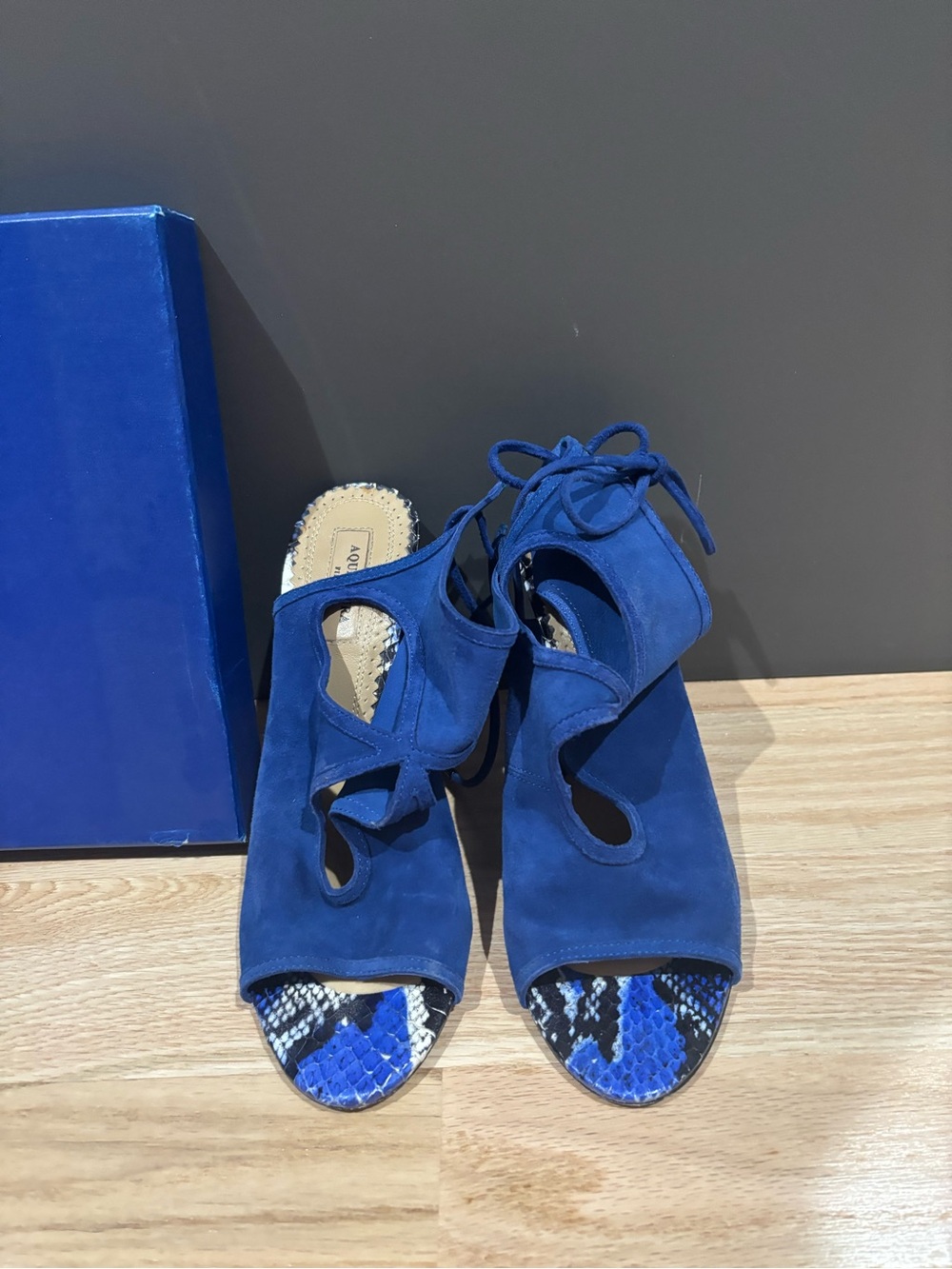 Aquazzura Cobalt Blue Suede Lace-Up Heels with Snakeskin Toe